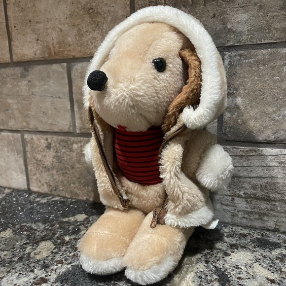 1983 Interpur Plush Toy Brown PUPPY DOG Striped Red Shirt Jacket - Picture 3 of 8